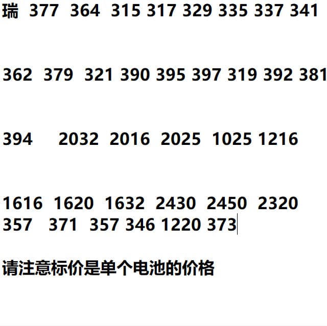 Swiss battery connections 377 364 371 321 394 379 395 362 317 315 373, etc.