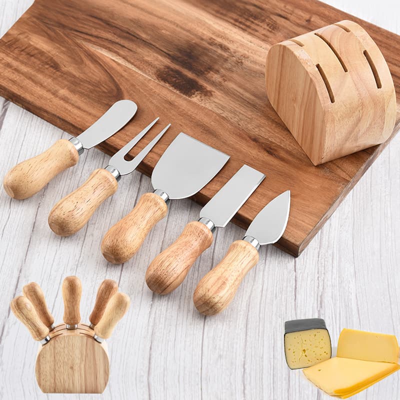 Stainless Steel Cheese Butter Spreader 5-Piece Set with Rubberwood Round Stand, Wooden Pizza Cutter Wholesale