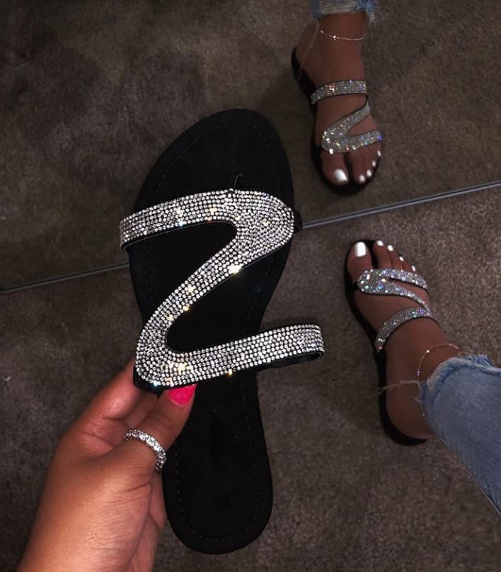 Diamond Flat-Soled Women's Slippers Summer Sandals