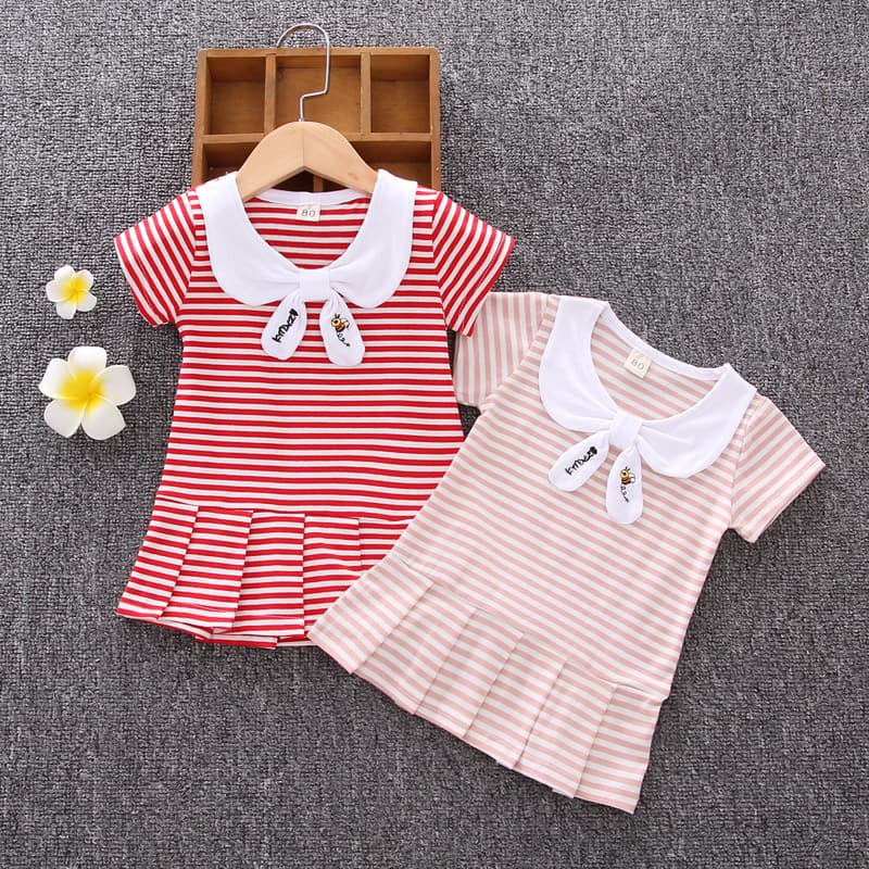 Baby Girl Summer Dress 1-2-3 Years Old 4 Girls Stylish Summer Dress Baby Lapel Striped Short Sleeve Pleated Skirt
