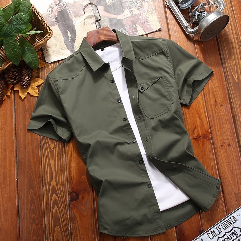 Men's Cotton Solid Color Short Sleeve Shirt, Youth Fashion Versatile Slim Fit Military Style Army Green Top