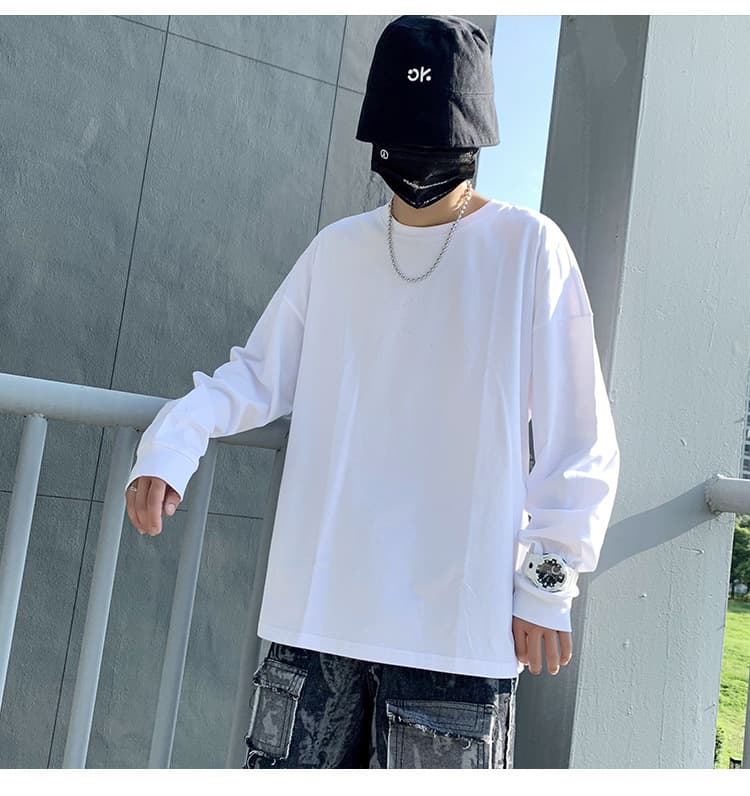Men's new long-sleeved T-shirt, men's trendy brand solid color round neck oversize t-shirt, large size autumn top wholesale