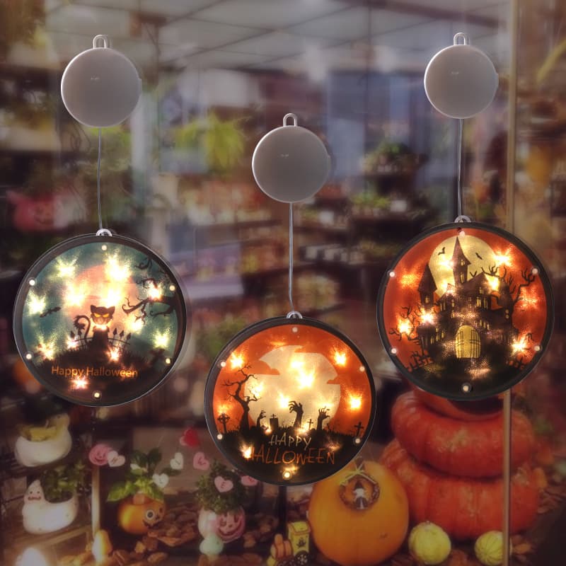 Halloween Cross-border Copper Wire Light String Decorative Disc Battery Light Pumpkin Ghost Head Room Decor LED Suction Cup Hanging Light