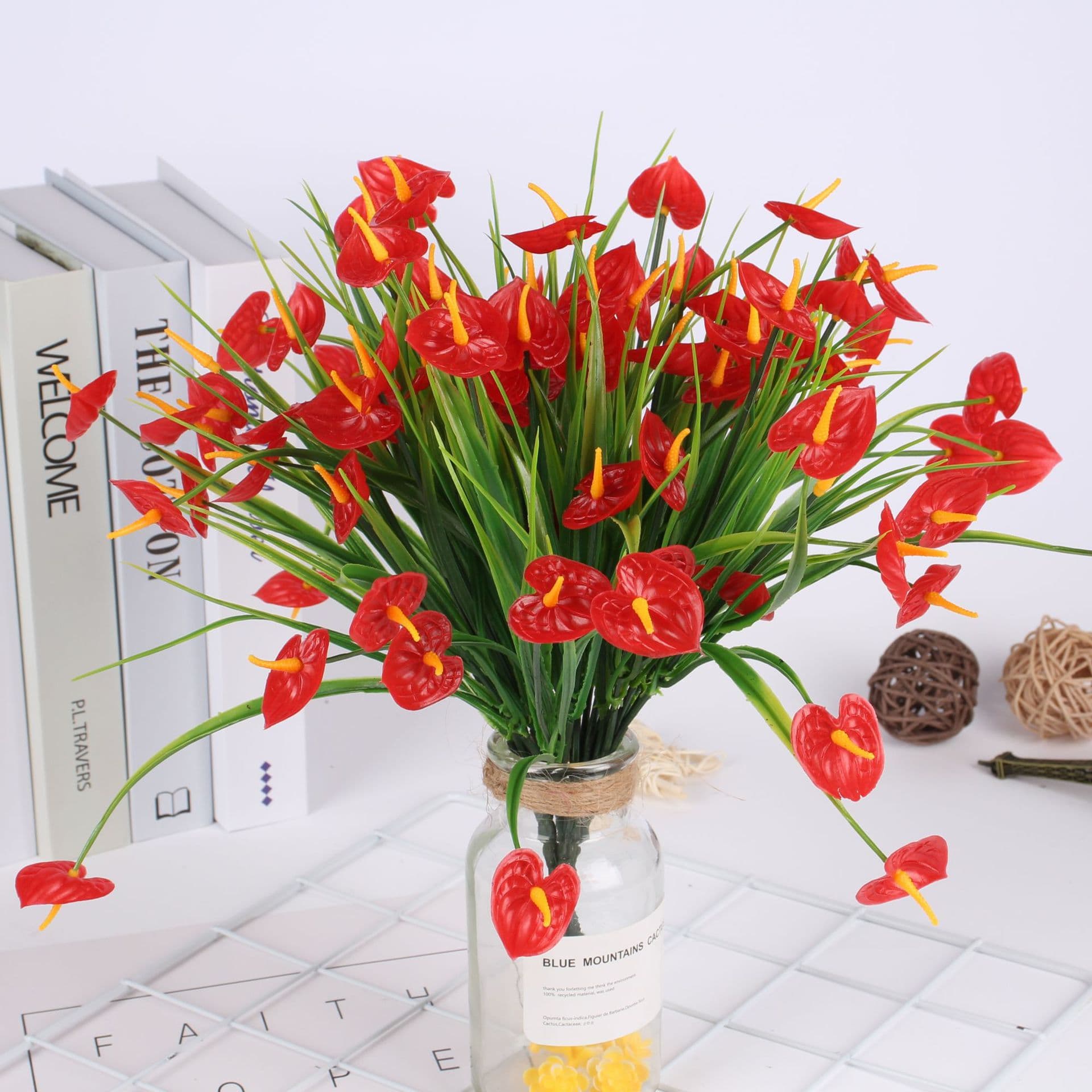 Artificial Flowers Fake Water Grass 7-Branch Red Anthurium Plastic Bouquet Fake Greenery Outdoor Planter Partition Flower Box Arrangement