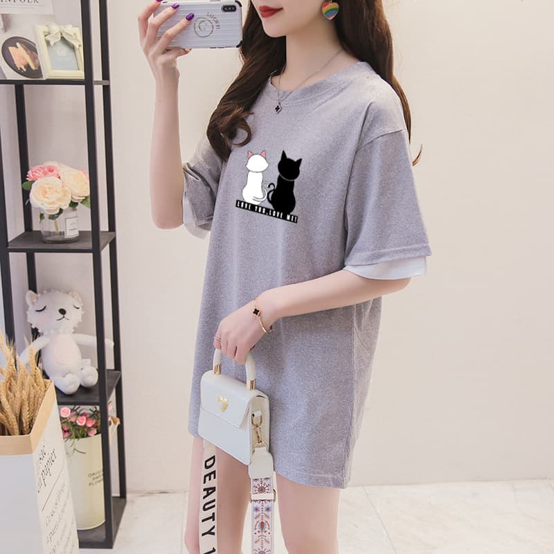 Loose Large Size Mid-Length Short-Sleeve T-Shirt Women's Top Summer Fashion Casual Print round Neck Sweatshirt for Students
