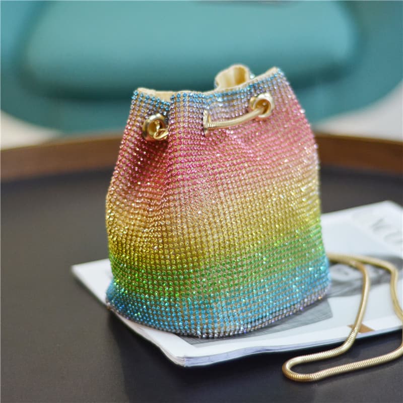 New Niche Personality Crossbody Shoulder Rhinestone King Bag Women's Chain Handbag Women's Colorful Mesh Diamond Bucket Bag