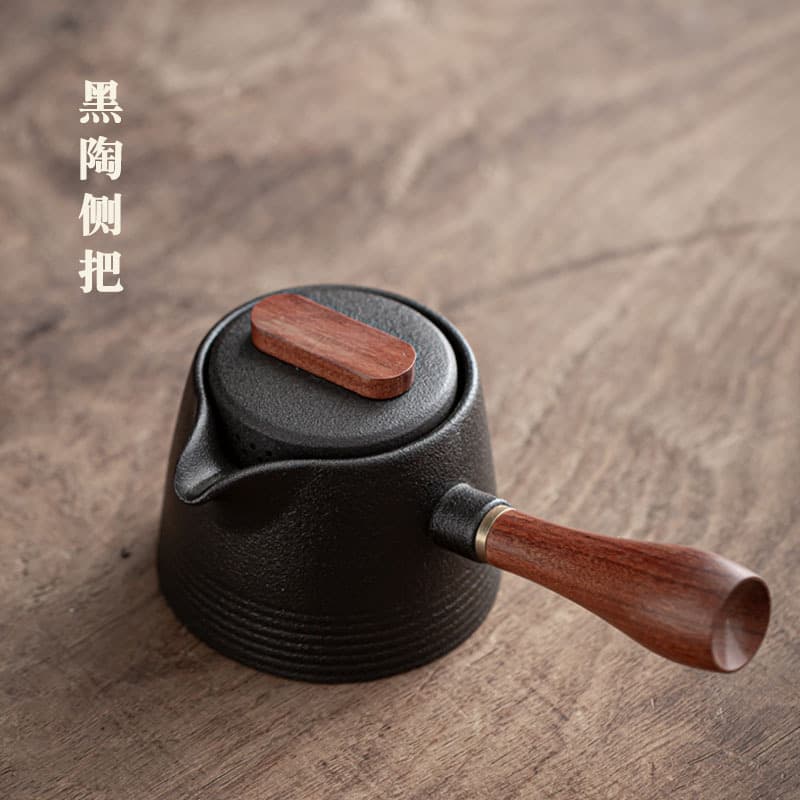 Black Clay Teapot Kung Fu Tea Set Side Handle Pot Home Use Filter Brewing Pot Coarse Pottery Japanese Style Creative Single Pot Carved LOGO