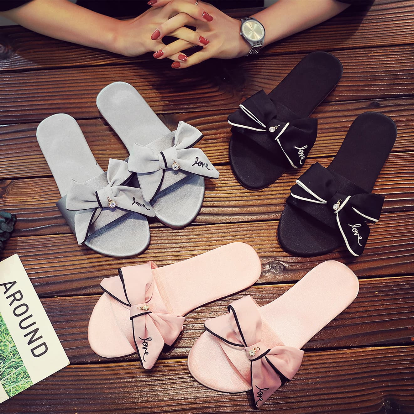 Sweet Fashionable Silk Butterfly Knot Slippers Women Summer Flat Bottom Anti-Slip Clogs Trendy Slip-On Home Shoes