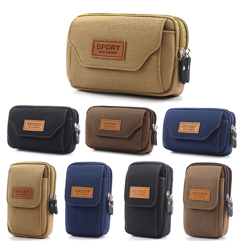New Men's Phone Bag, Belt Waist Bag, Multifunctional Wear-Resistant Canvas 7-Inch Phone Hanging Pouch