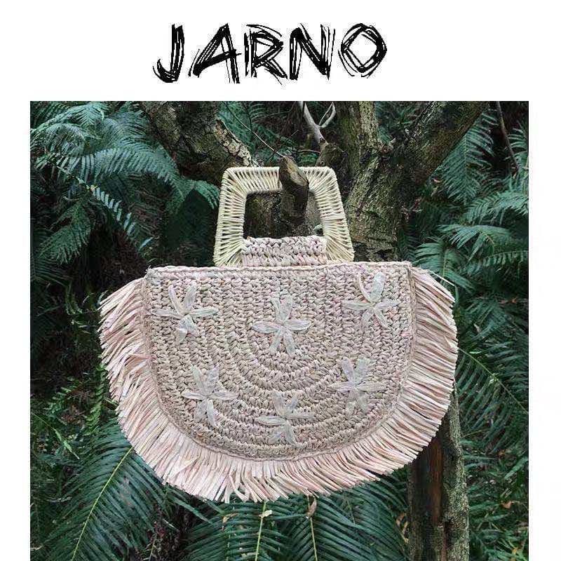 2020 New Export Woven Handle Embroidered Bag with Tassel Handbag, Ethnic Style Seaside Vacation Straw Clutch