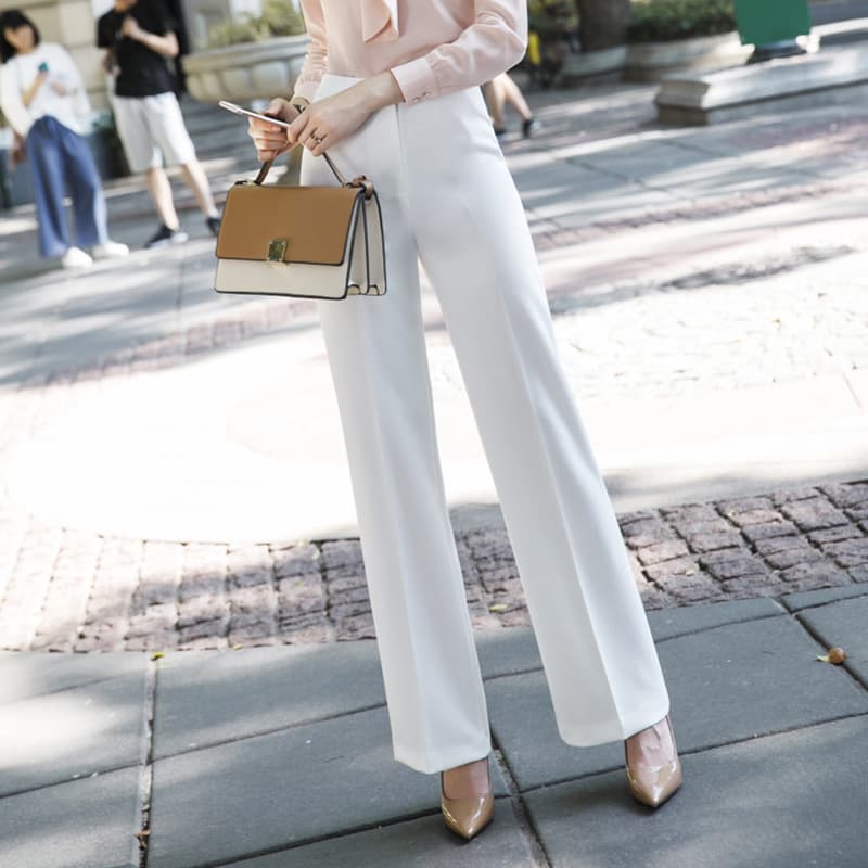 Chic Women's White High-Waist Wide-Leg Pants, Slimming Straight-Leg Tall Vertical-Sense Suit Trousers, Elegant Casual Pants