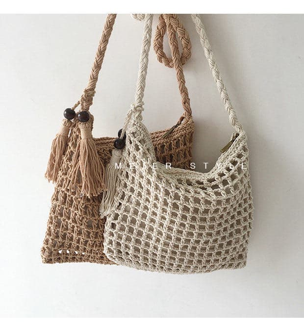 Artistic Fresh Hollow-out Cotton Thread Bag Woven Small Square Casual Bag Fringe Crossbody Small Bag