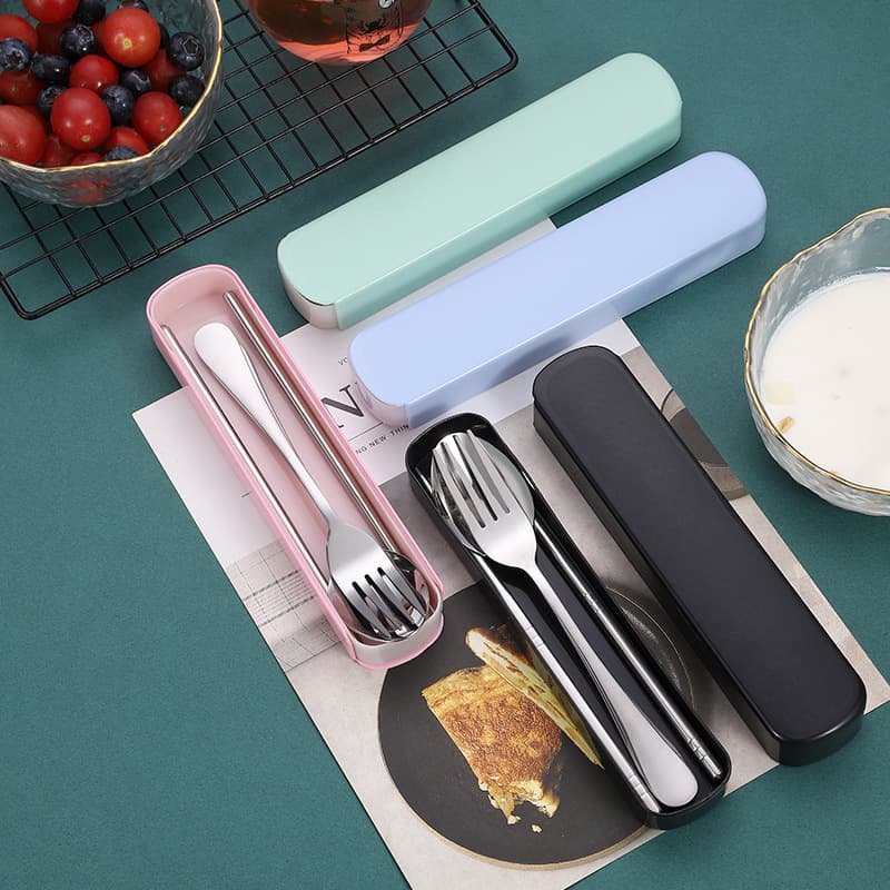 304 Stainless Steel 3-Piece Portable Cutlery Set with Case, Student Gift, Spoon and Chopsticks, Wholesale for Street Stalls