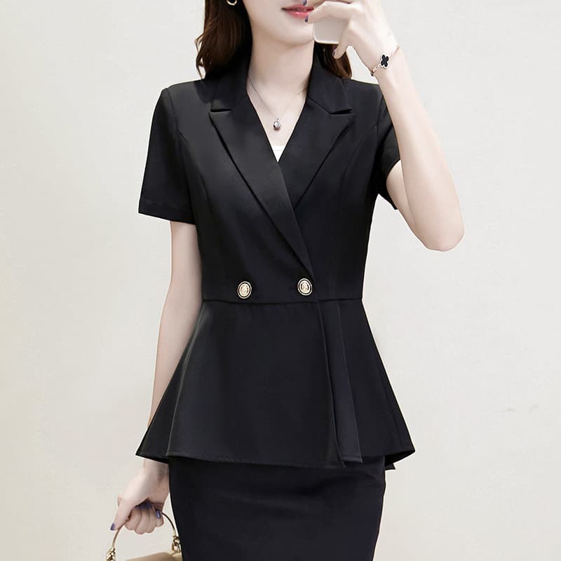 585# Plus Size Women's Summer Office Suit, Elegant Short-Sleeve Blazer & Skirt/Pants Set for Curvy Figures