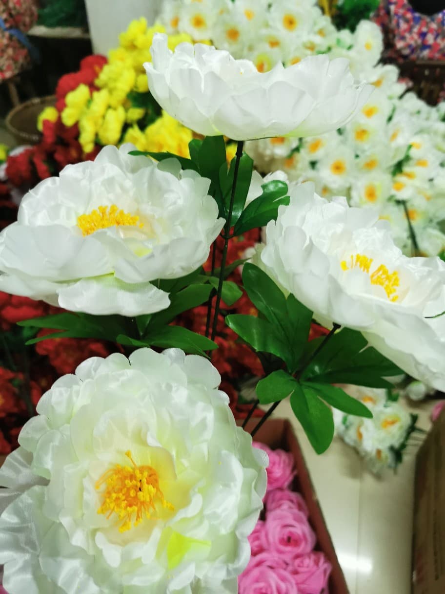 7-Head Medium Thick Peony and Rose, High-End Handmade White Outdoor Silk Flowers for Qingming Festival