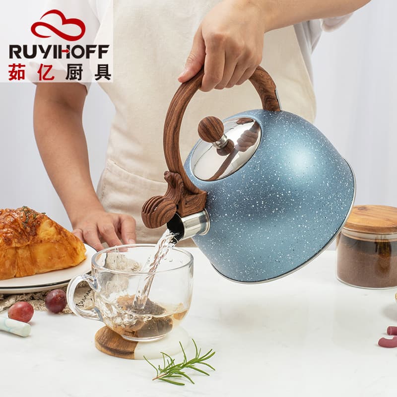 Blue Whistling Kettle with White Dot, Amazon European-style Flat Bottom Whistling Kettle, Cross-border Kitchen Boiling Kettle 2.5L