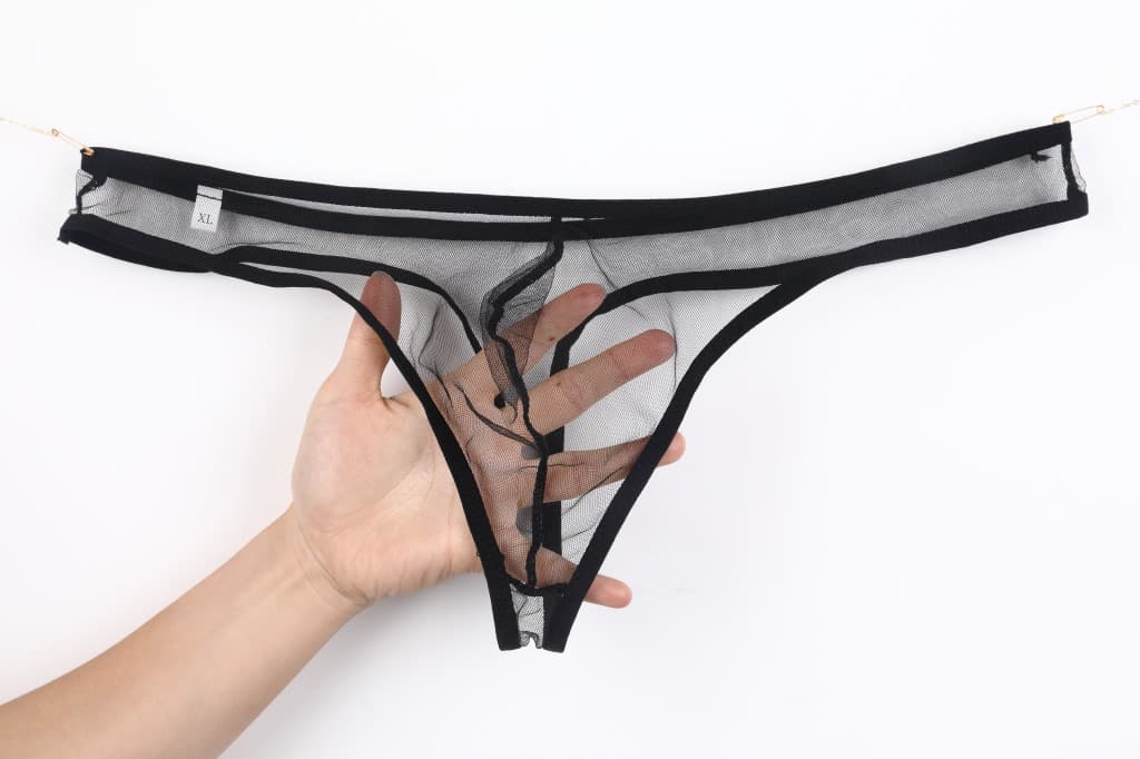 European and American style men's underwear, see-through pouch, low-rise, fine mesh thong, plus size C-035