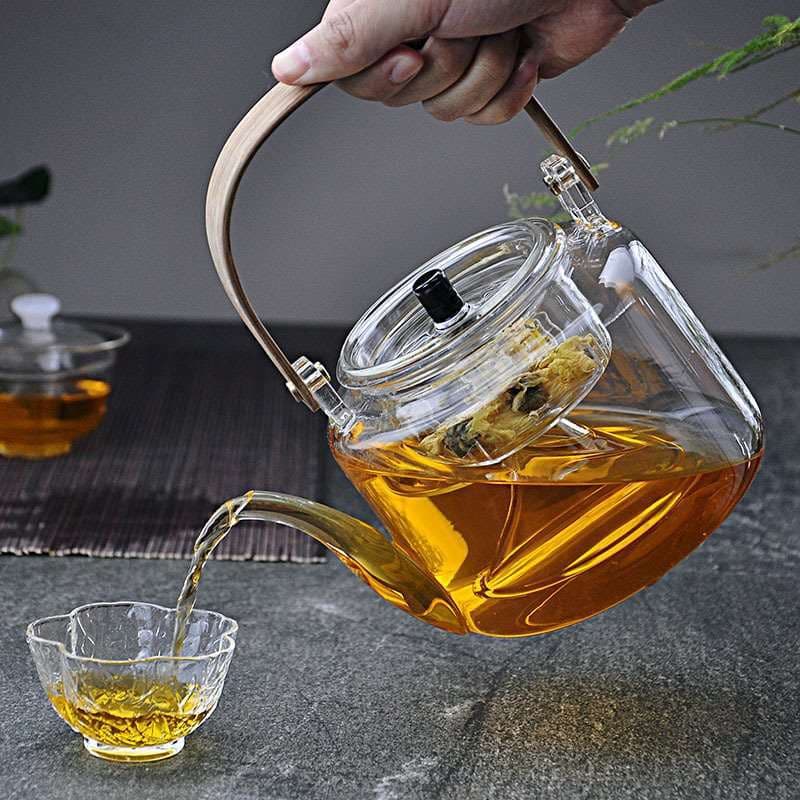 Bamboo Handle Hammered Glass Hanging Teapot, Home Glass Brewing Pot, Electric Ceramic Hob Compatible Steaming and Boiling Teapot