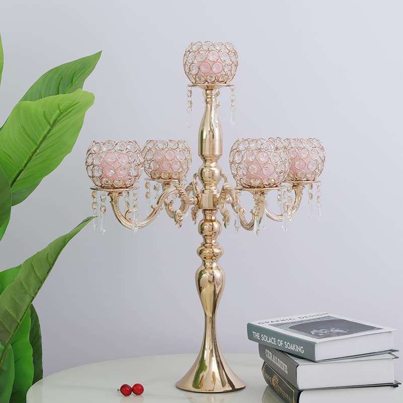 European-Style Wrought Iron Five-Head Crystal Candle Holder Home Decoration Living Room Wedding Props Candle Holder Ornament European Retro