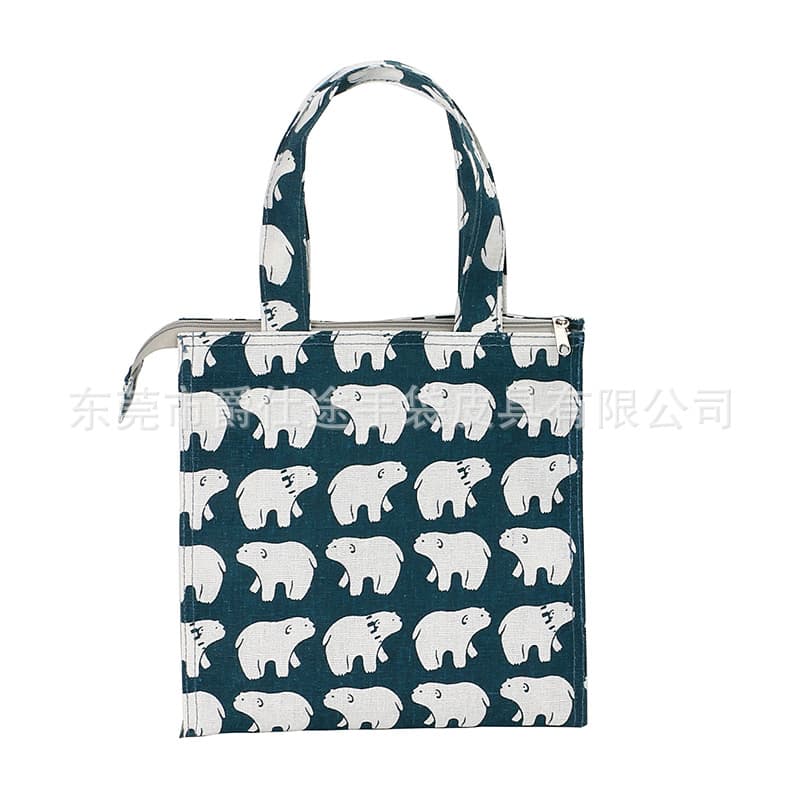 Korean style minimalist linen picnic bag, creative bear linen insulated bag, handheld lunch bag.