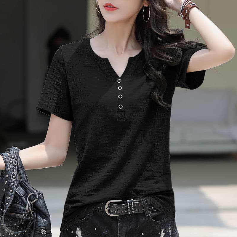 2022 New Loose Plus Size Women's V-Neck T-Shirt, Short Sleeve T-Shirt, Blended Cotton