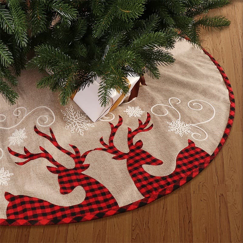 2024 Amazon Foreign Trade Linen Christmas Tree Skirt Plaid Double Deer Christmas Tree Bottom Decoration Christmas Tree Skirt