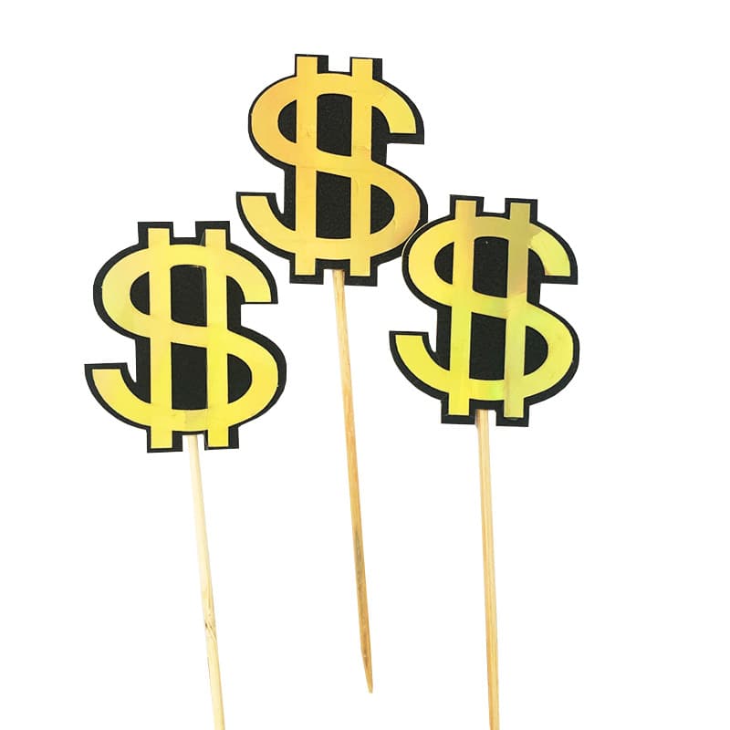 Dollar Sign $ Cake Topper Rich English Cake Decoration Insert Double Layer Black Gold Card