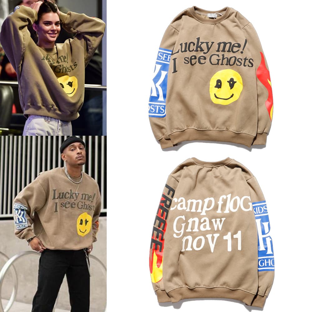 Kanye Kanye smiley face lettered foam print crew neck sweatshirt for men and women, couple style fleece jacket