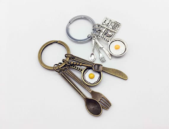 Spoon Fork Knife Spatula Fried Egg Pan Cook Book Chef Kitchen Western Food Keychain