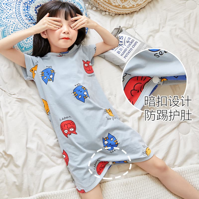 Shangbaomai Summer Thin Baby Pajamas Children's Sleepwear Infant Bodysuit Bathrobe Sleep Dress Short Sleeve Air Conditioning Breathable Comfortable