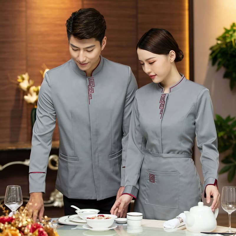 Long-sleeve waiter uniform for autumn and winter, suitable for hotels, Chinese restaurants, tea houses, and hotpot restaurants, men's and women's workwear for fall and winter