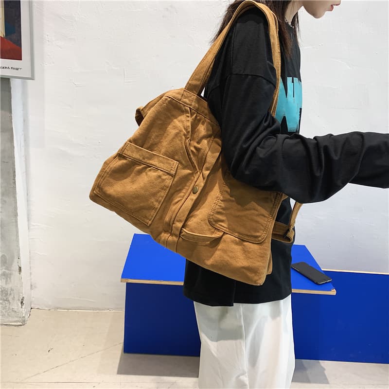 New Hong Kong Style Literature and Art Student Canvas Bag Women's Trendy Korean Version Ins Portable Shopping Bag Girls Large Capacity Crossbody Bag