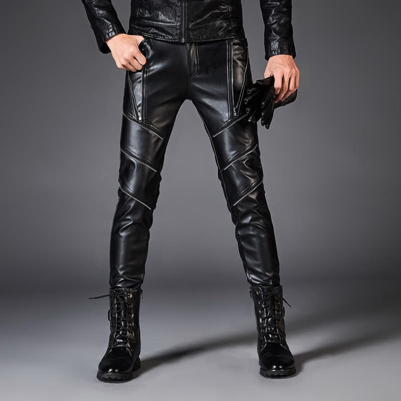 20 Autumn/Winter New Korean Style Trendy Men's Zipper Decoration PU Leather Pants Slim-Fit Leather Pants Large Size Trendy Personalized Motorcycle Pants