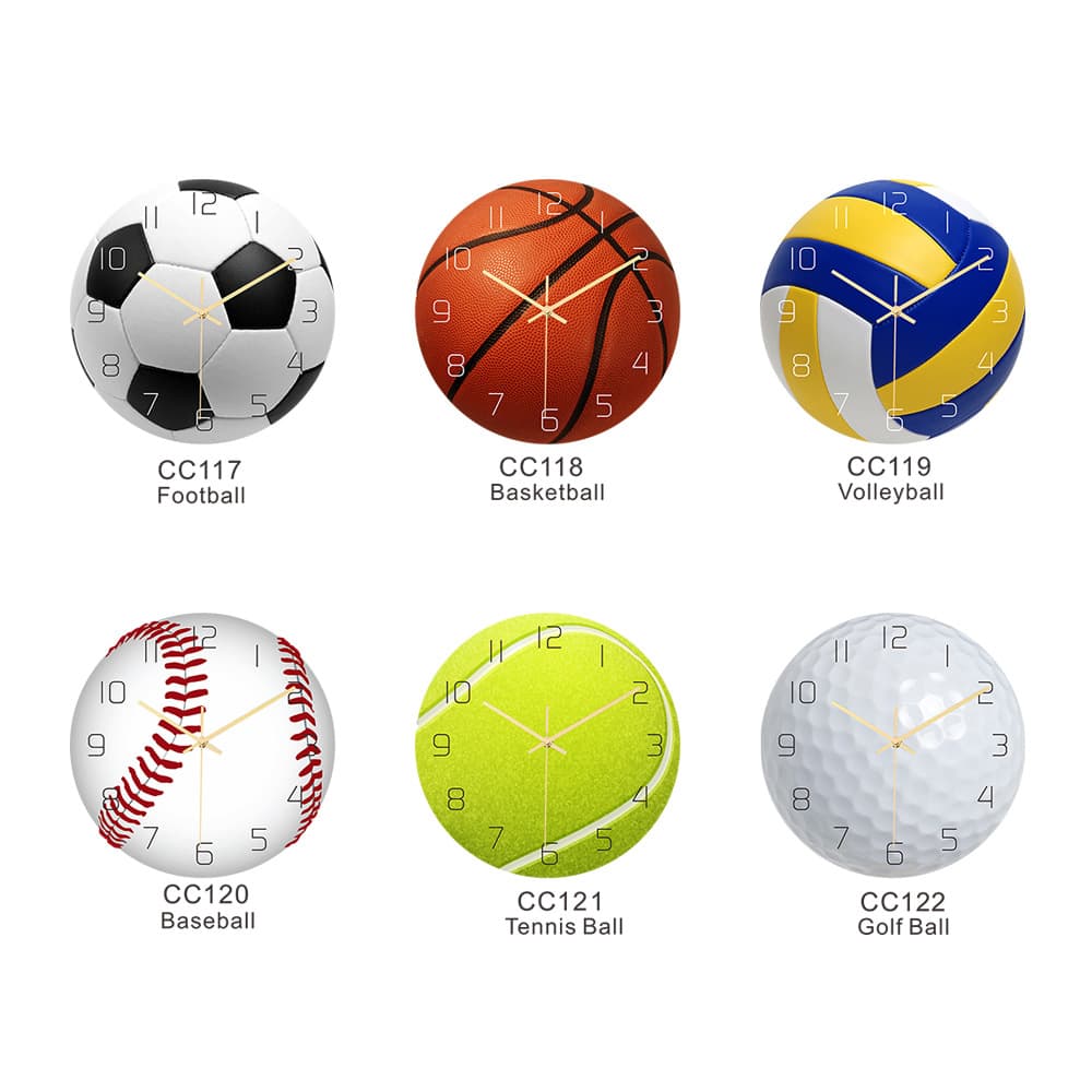 Clock117-122 Round Ball Sports Wall Clock, Acrylic Material, Silent Movement, Home Decor Wall Clock