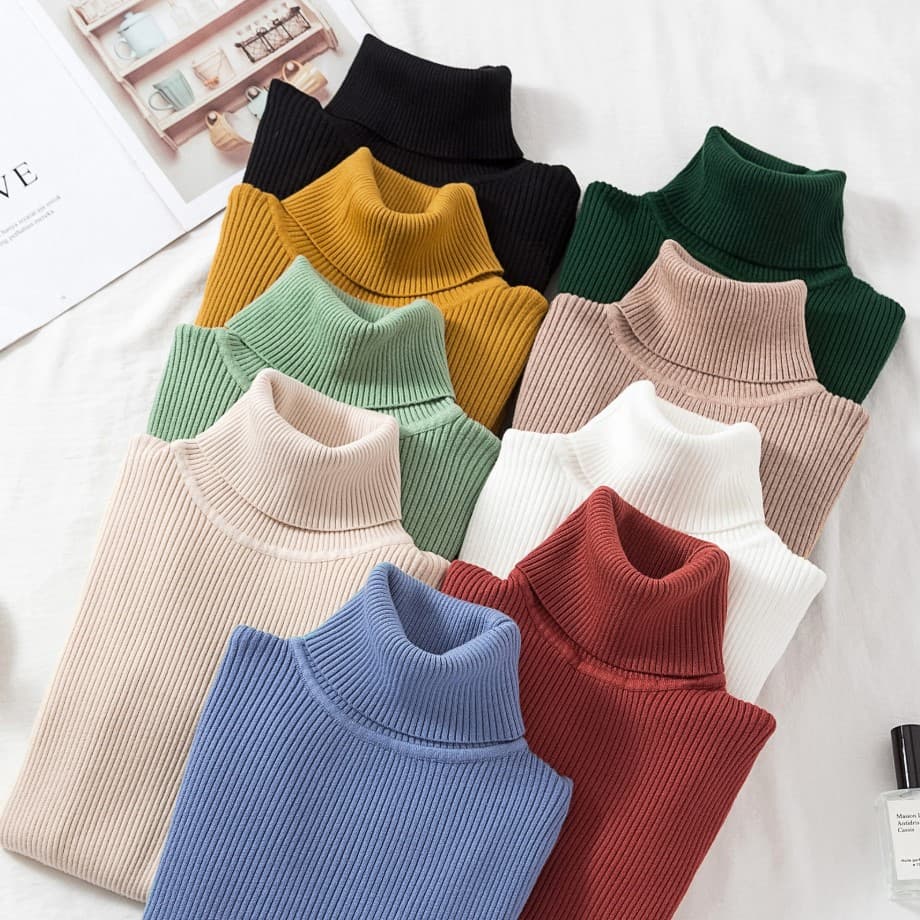 Slim Fit Turtleneck Sweater for Women, Long Sleeve Thermal Knit Top, Solid Color Base Layer for Fall and Winter