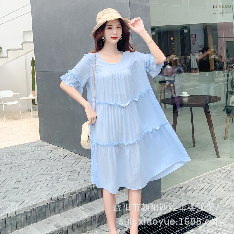 Internet celebrity fashionable maternity dress Korean style summer thin gauze maternity dress plus size fat sister mid-length dress