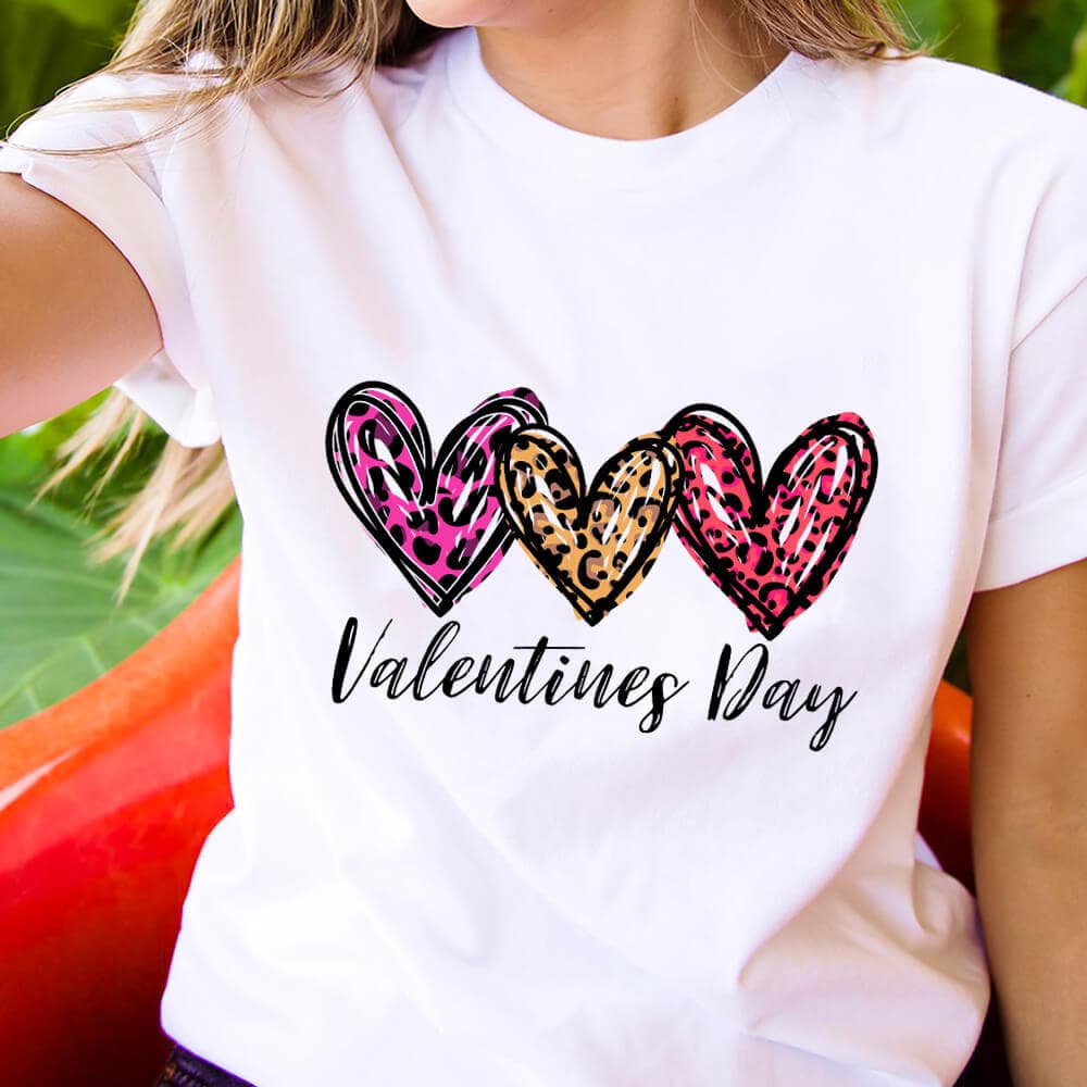 In Stock Valentine's Day Leopard Print Heart T-Shirt European and American Cross-Border Round Neck Short Sleeve T-Shirt