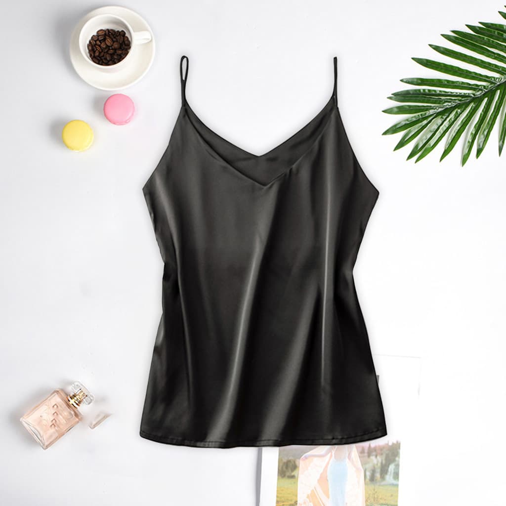 AliExpress Amazon In Stock Summer Silk-like Vest Top Women Silk V-Neck Sleeveless Ice Silk Solid Color Camisole