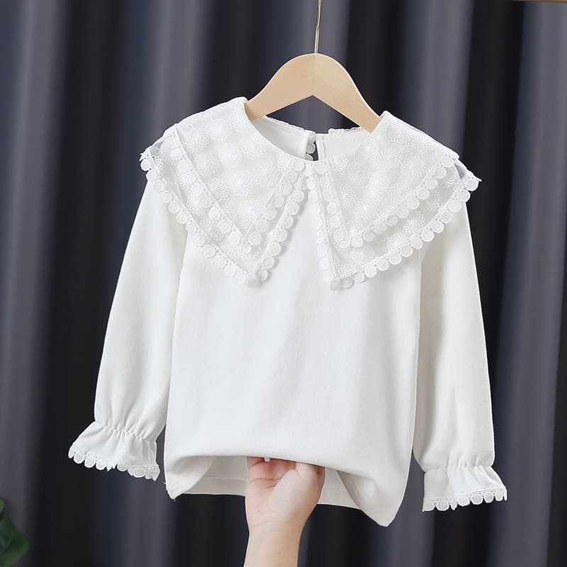 Girls Long Sleeve Fleece Lined Pure Cotton Doll Collar T-Shirt Lace Top Spring Autumn Inner Wear Children Winter Base Layer Shirt