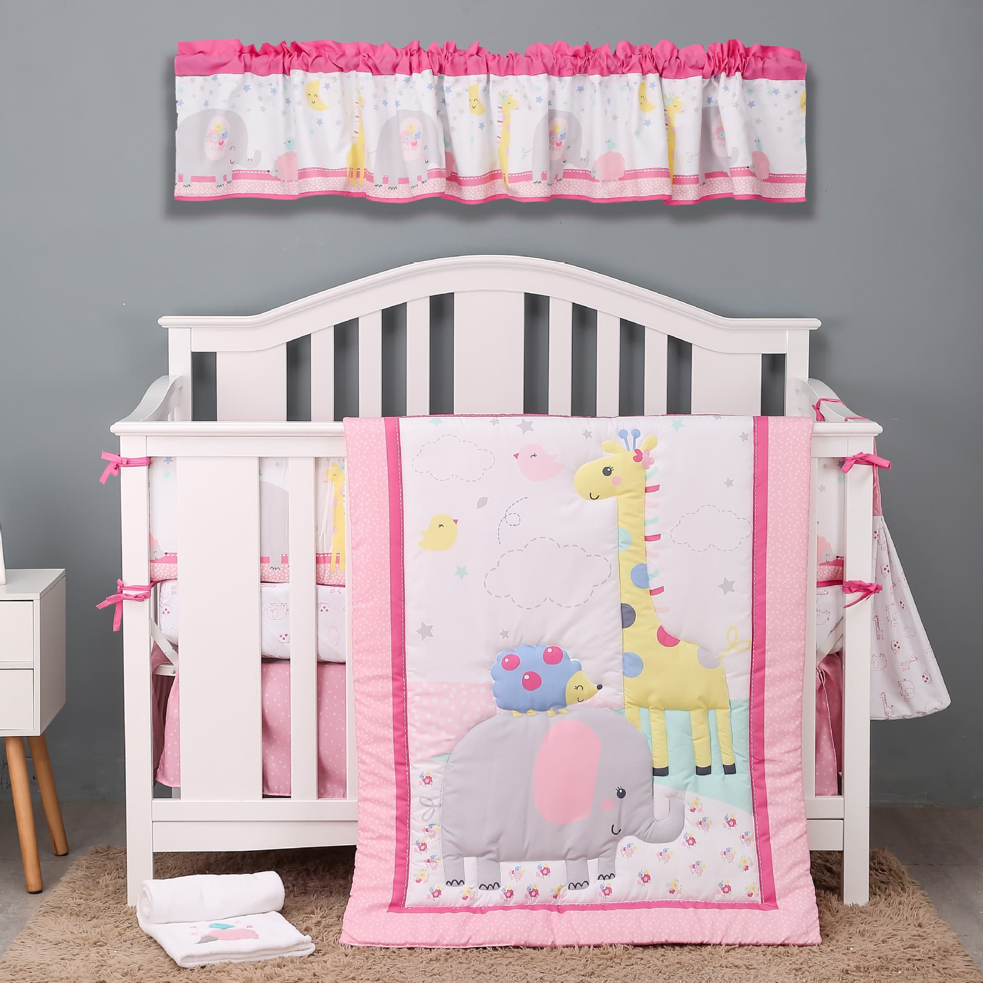 Factory Direct Newborn Set Featuring Children's Quilt, Crib Bumper, Fitted Sheet, Bed Skirt, Diaper Bag, Blanket, and Window Valance - 7-Piece Bedding Set