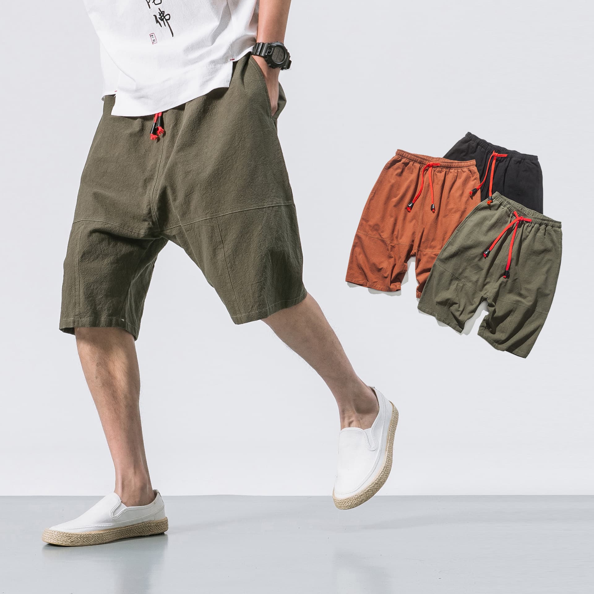 New Summer Cotton Linen Five-Point Pants Loose Trendy Drop Crotch Pants Men Elastic Waist Chinese Style Beach Horse Pants Men