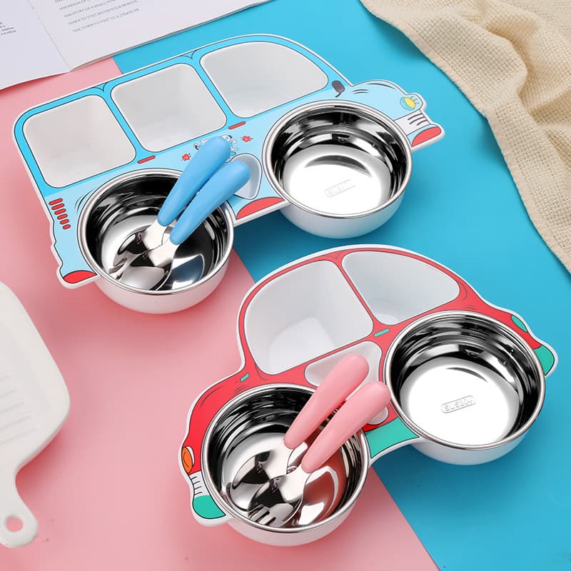 Kids Car-Shaped Divided Plate Set with 304 Stainless Steel Spoon and Fork, Detachable Baby Feeding Plate, Dishwasher-Safe Dinnerware Set