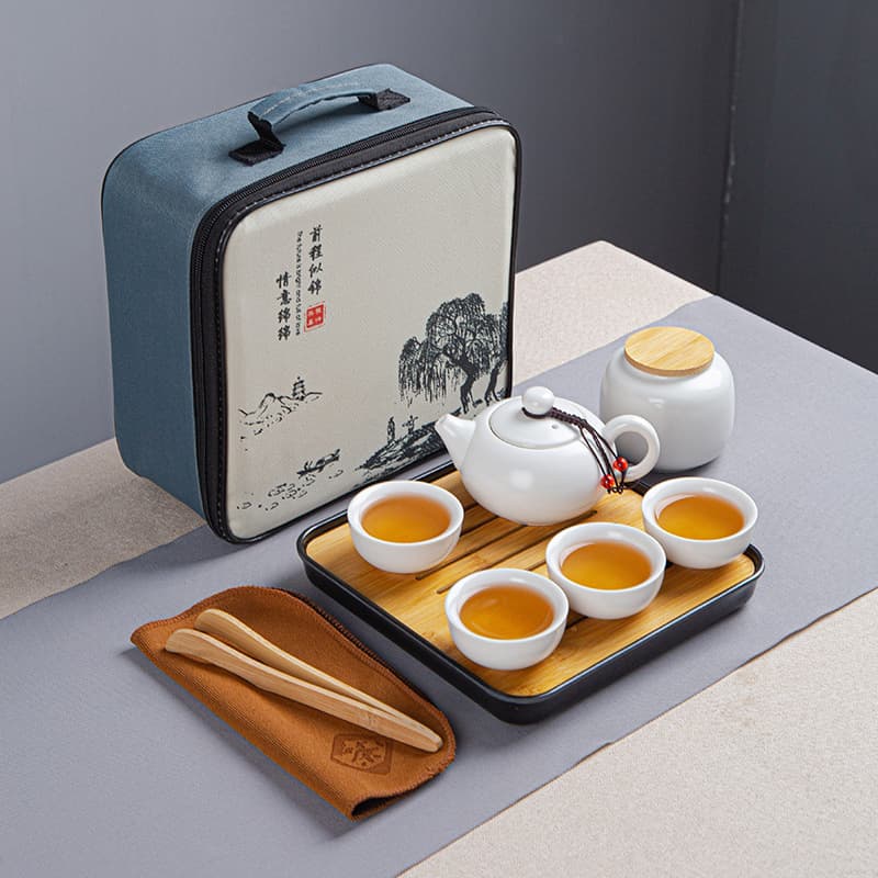 Portable Bag Travel Kung Fu Tea Set - Ceramic Xishi Pot with One Pot and Two or Four Cups, Creative Gift Souvenir