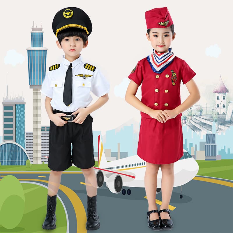Chinese Captain Children's Costume Boy Air Force Pilot Flight Attendant Girl Role Play