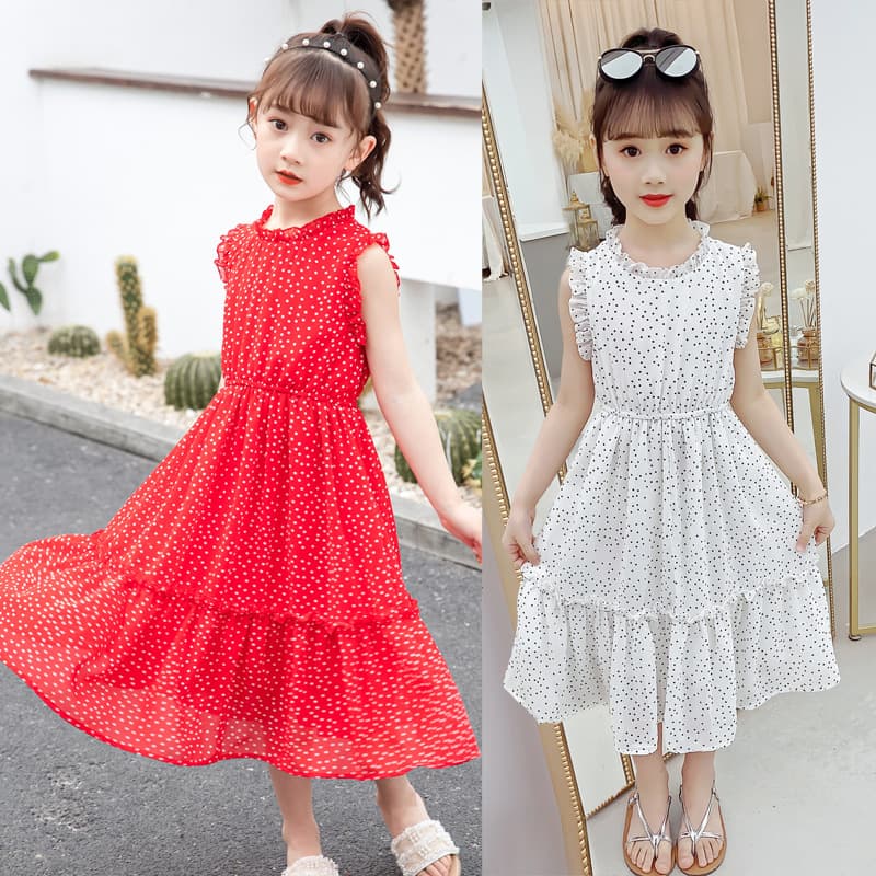 Girls Chiffon Dress 2026 New Summer Fashion Mid-Length Beach Dress for Toddlers and Older Kids Off-Shoulder Floral Print