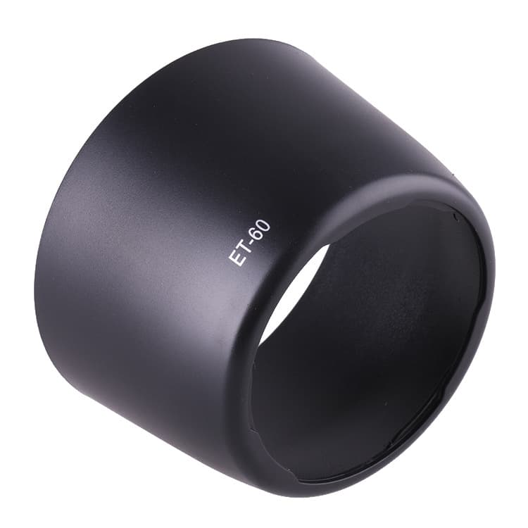The ET-60 lens hood is compatible with Canon 55-250mm, 75-300mm, 1300D, 1200D, and 58mm lenses and can be reversed.