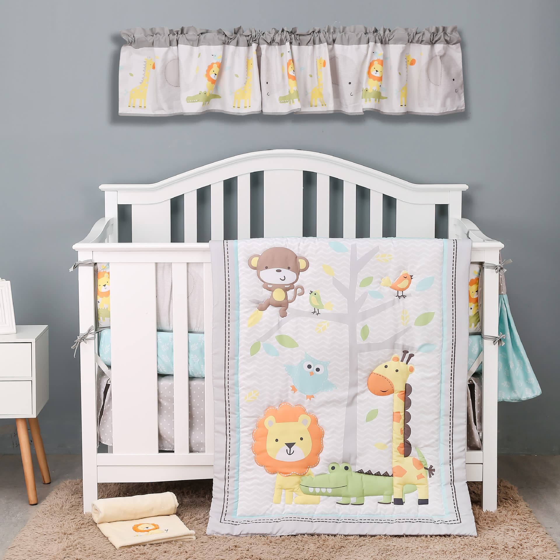 Factory Direct Newborn Set with Children's Quilt, Crib Bumper, Fitted Sheet, Bed Skirt, Diaper Bag, Blanket, and Window Valance - Bedding Set