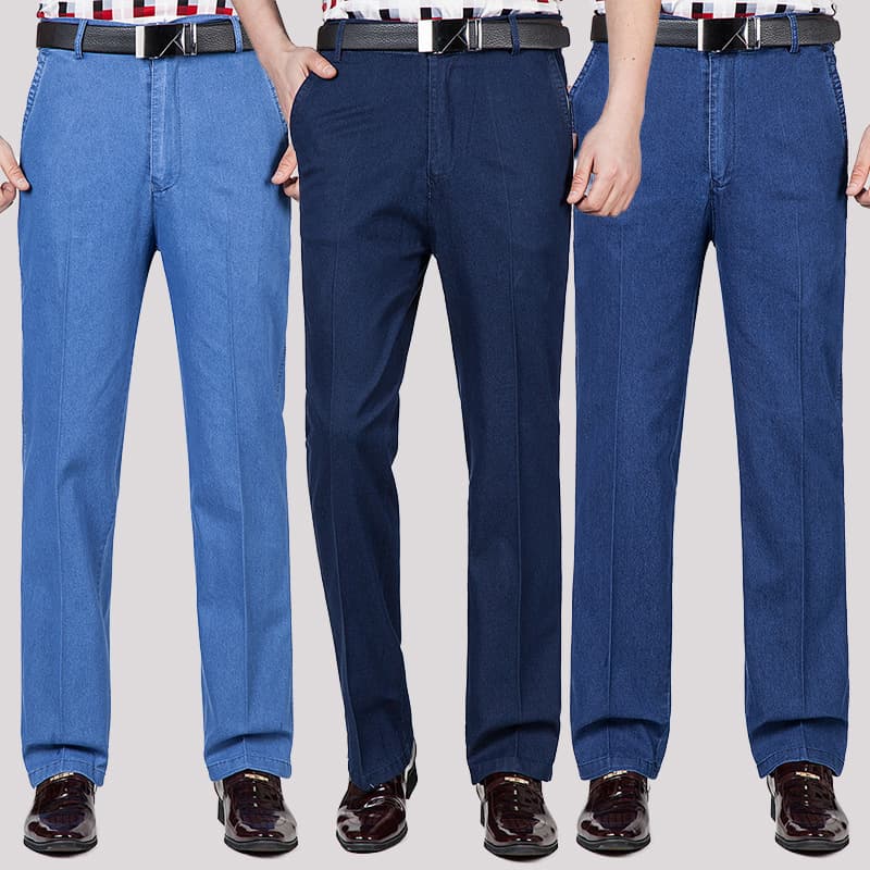 Spring and Summer Thin Business Casual Jeans for Middle-Aged Men, Large Size Trousers Wholesale, High Waist Elastic Loose Straight Leg Pants for Dad