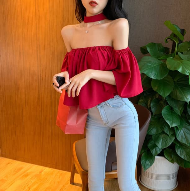 Hong Kong Style Spring New Off-Shoulder Strapless Sexy Halter Top S1363 Chiffon Halter