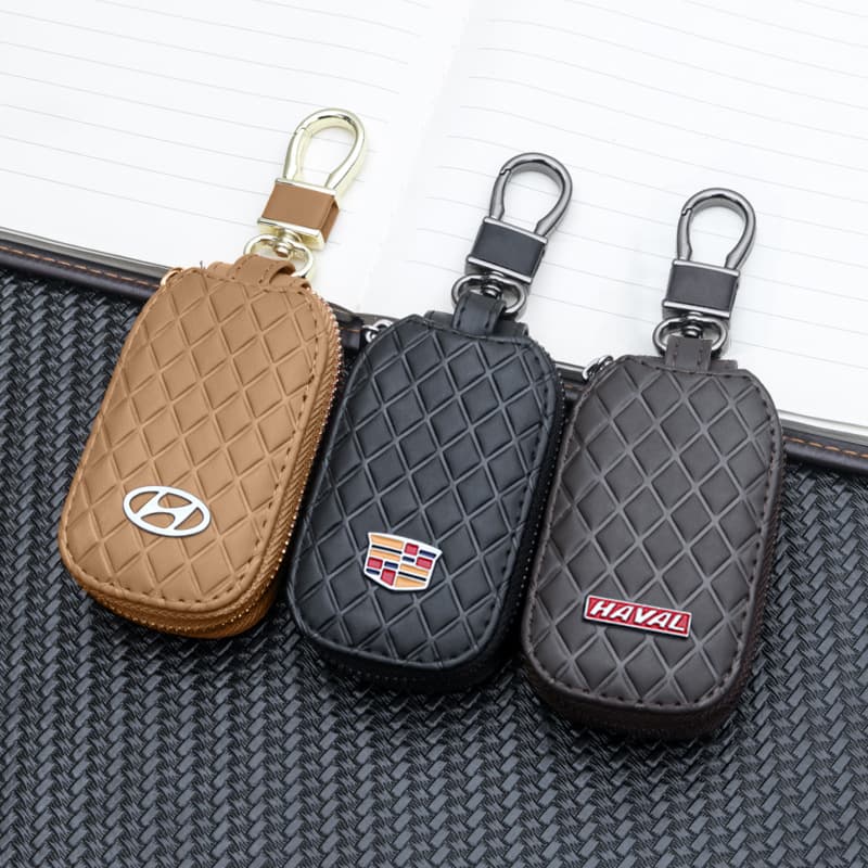 Diamond Pattern Car Key Case Mini Key Holder for Men Leather Zipper Microfiber Leather Multi-functional Waist Hanging Key Bag